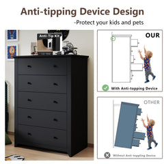 Black Tall Dresser for Bedroom 5 Drawer Dresser