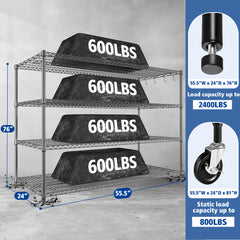 4-Tier Adjustable Wire Storage Shelves for Kitchen& Garage, 55.5"W x 24"D x 76"H, Chrome
