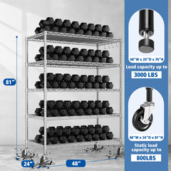 5-Tier Heavy Duty Adjustable Wire Shelves with Wheets, 81"H x 48"W x 24"D, Chrome