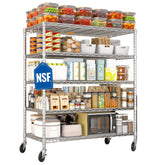 5-Tier Heavy Duty Adjustable Wire Shelves with Wheets, 81"H x 48"W x 24"D, Chrome