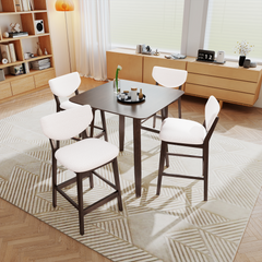 5-Piece Wooden Dining Table Chairs Set, Walnut/Beige