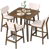 5-Piece Wooden Dining Table Chairs Set, Walnut/Beige