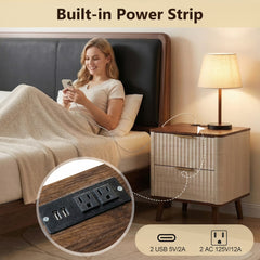 Fluted Nightstand for Bedroom with USB Charging Station