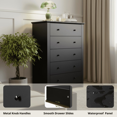 Black Dresser for Bedroom with 5 Drawers 47" Tall Chest of Drawers