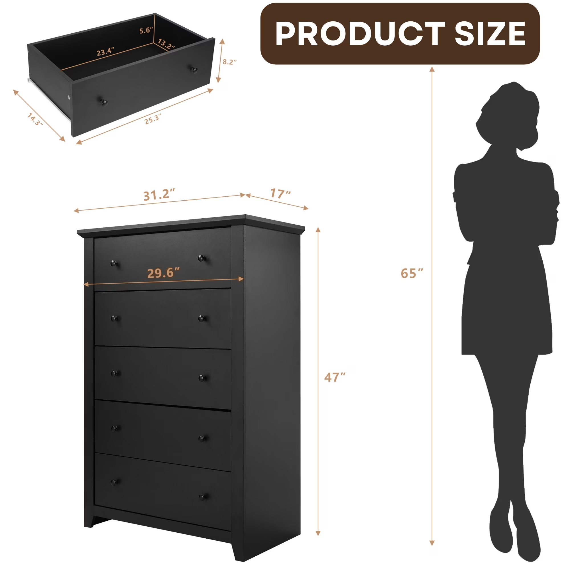 Black Tall Dresser for Bedroom 5 Drawer Dresser
