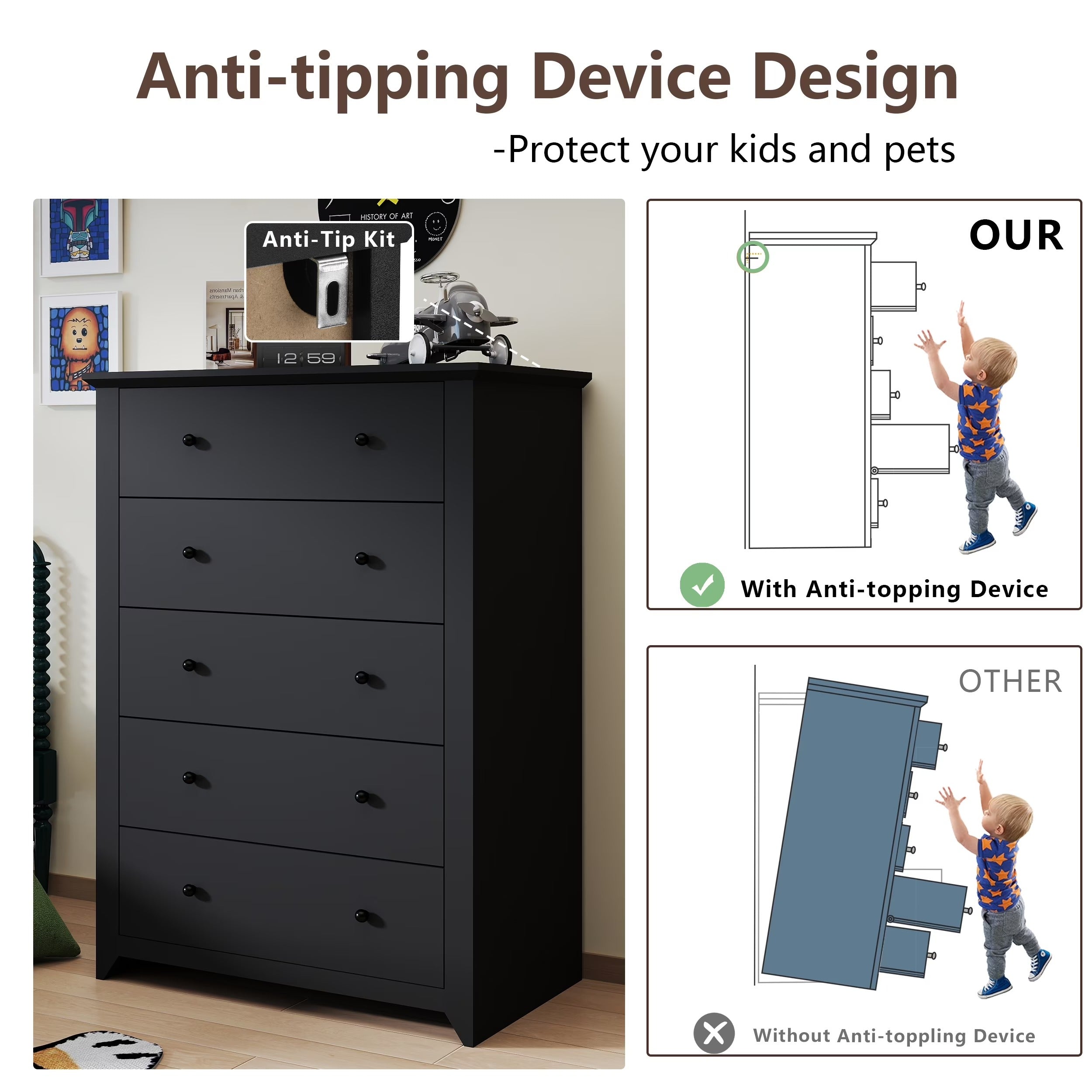 Black Tall Dresser for Bedroom 5 Drawer Dresser