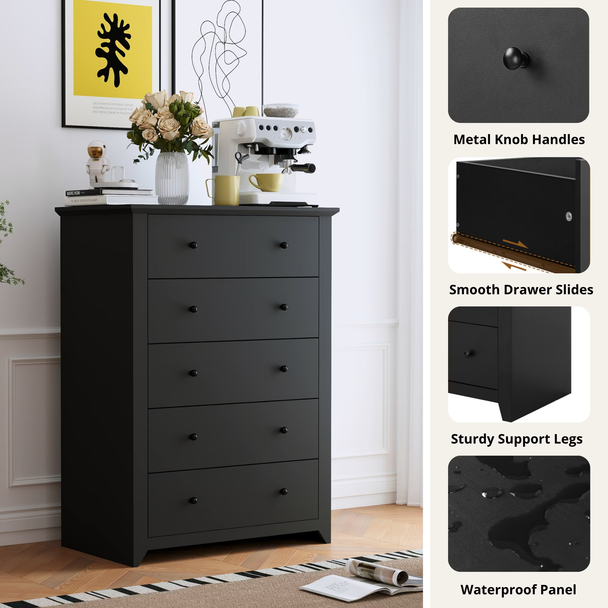 Black Tall Dresser for Bedroom 5 Drawer Dresser