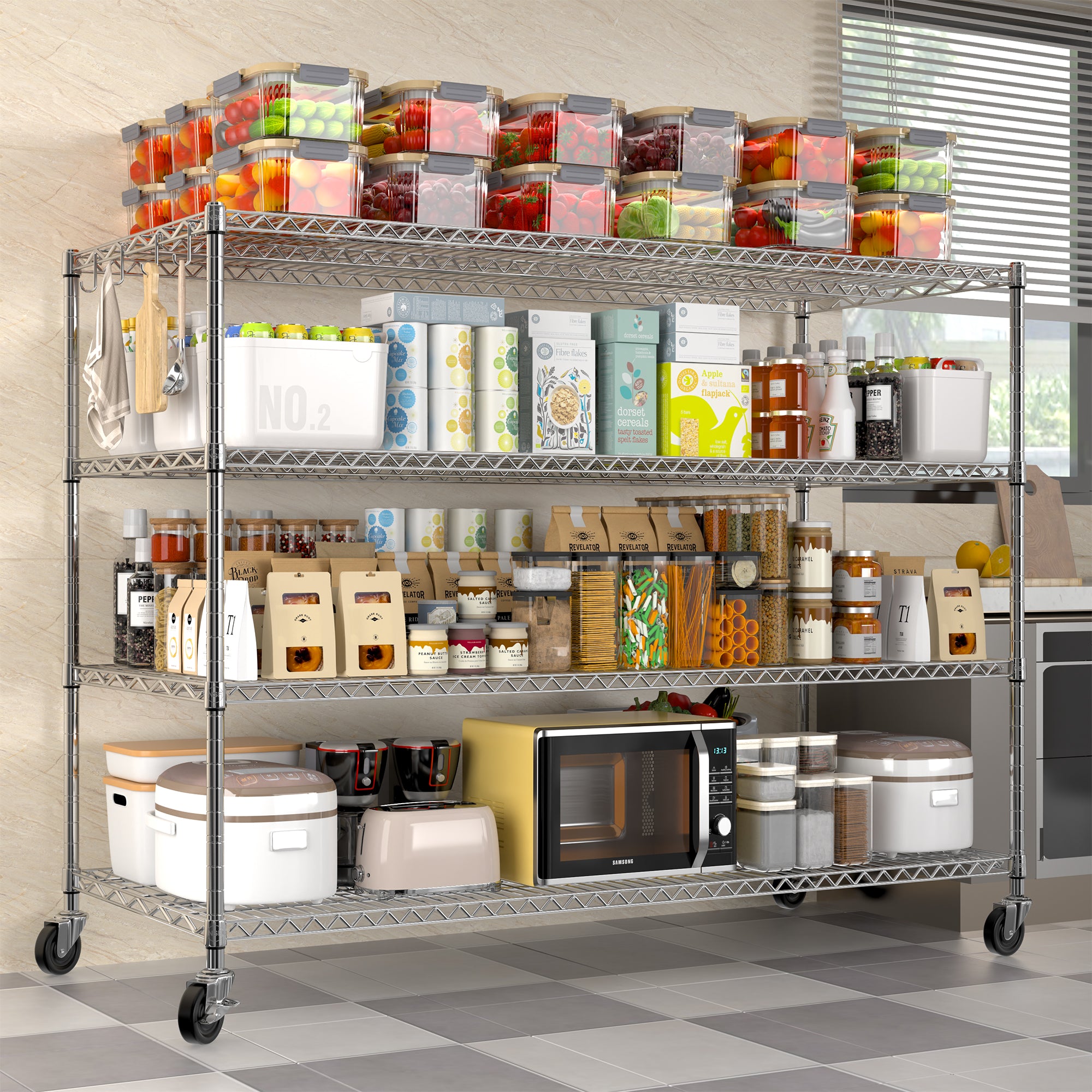 4-Tier Adjustable Wire Storage Shelves for Kitchen& Garage, 55.5"W x 24"D x 76"H, Chrome