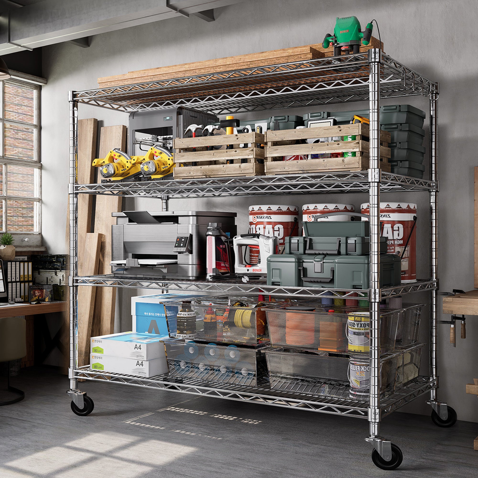 4-Tier Adjustable Wire Storage Shelves for Kitchen& Garage, 55.5"W x 24"D x 76"H, Chrome