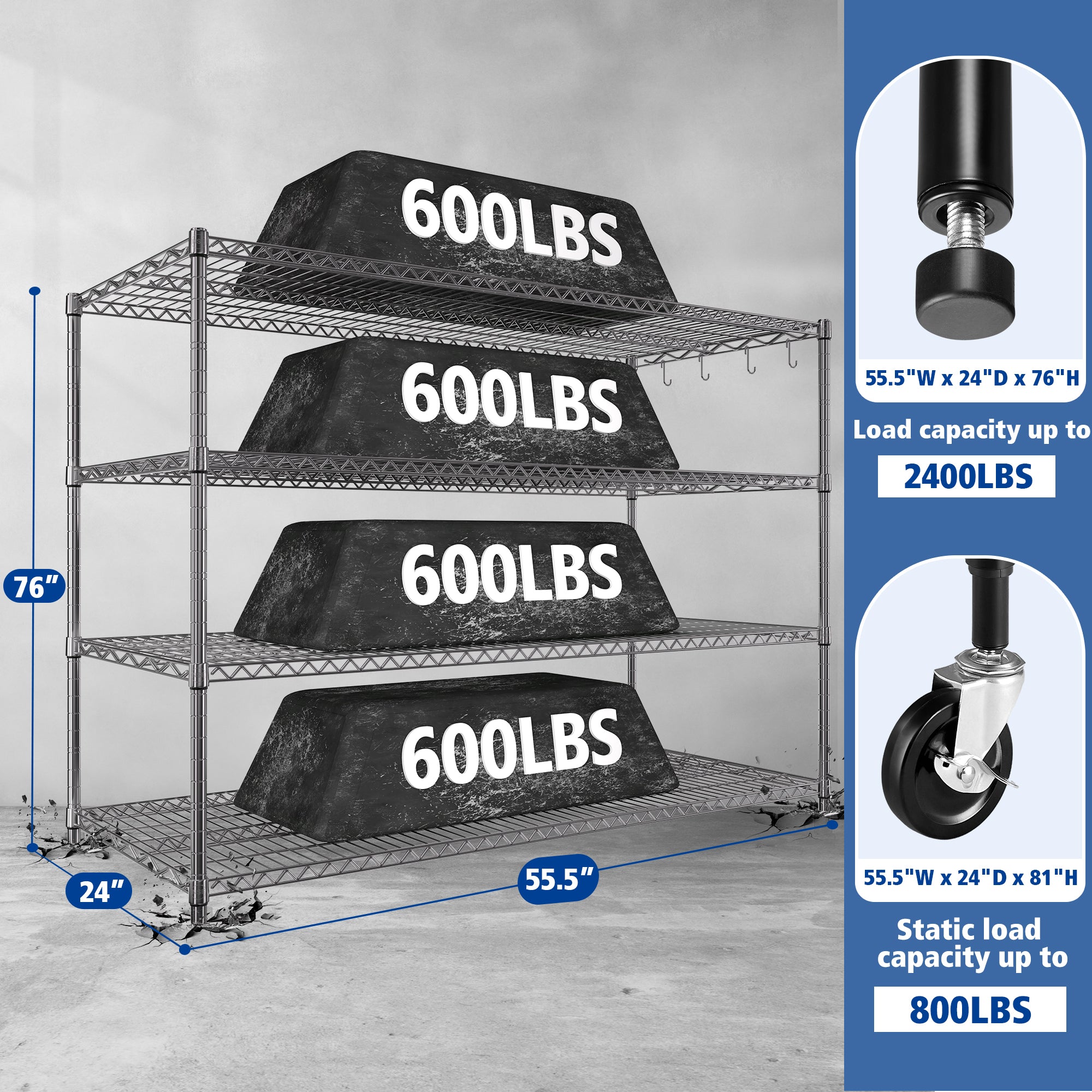 4-Tier Adjustable Wire Storage Shelves for Kitchen& Garage, 55.5"W x 24"D x 76"H, Chrome