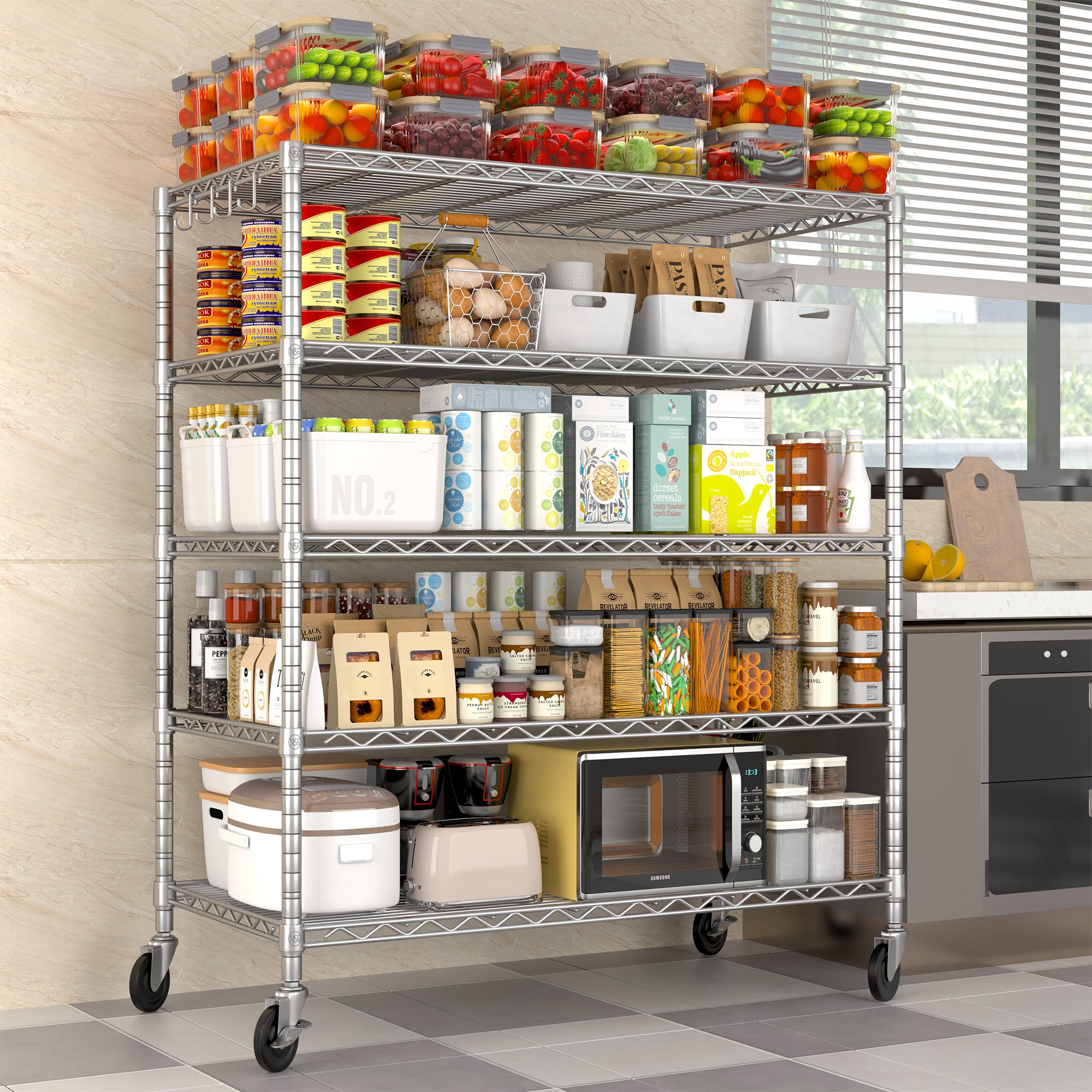 5-Tier Heavy Duty Adjustable Wire Shelves with Wheets, 81"H x 48"W x 24"D, Chrome