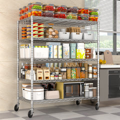 5-Tier Heavy Duty Adjustable Wire Shelves with Wheets, 81"H x 48"W x 24"D, Chrome