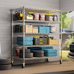 5-Tier Heavy Duty Adjustable Wire Shelves with Wheets, 81"H x 48"W x 24"D, Chrome
