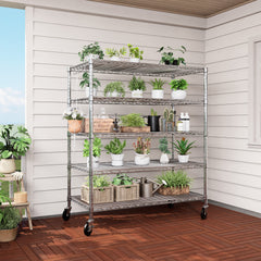 5-Tier Heavy Duty Adjustable Wire Shelves with Wheets, 81"H x 48"W x 24"D, Chrome