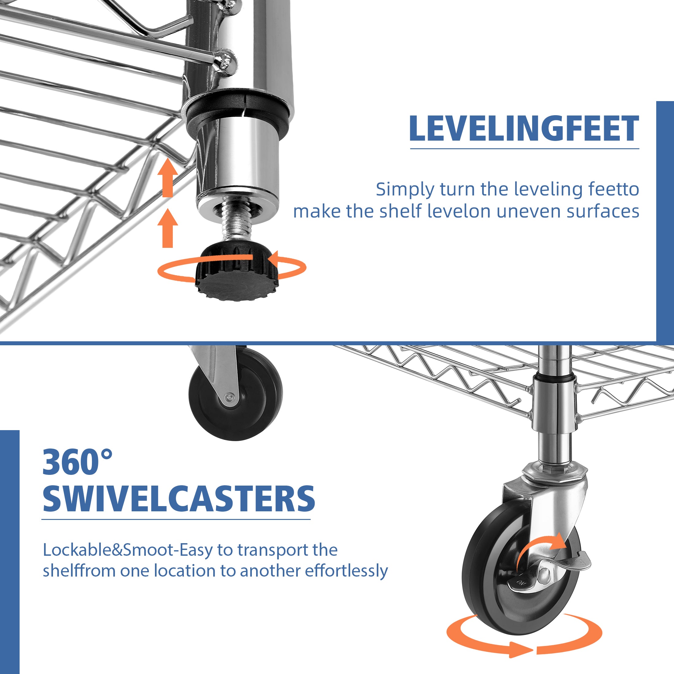 5-Tier Heavy Duty Adjustable Wire Shelves with Wheets, 81"H x 48"W x 24"D, Chrome