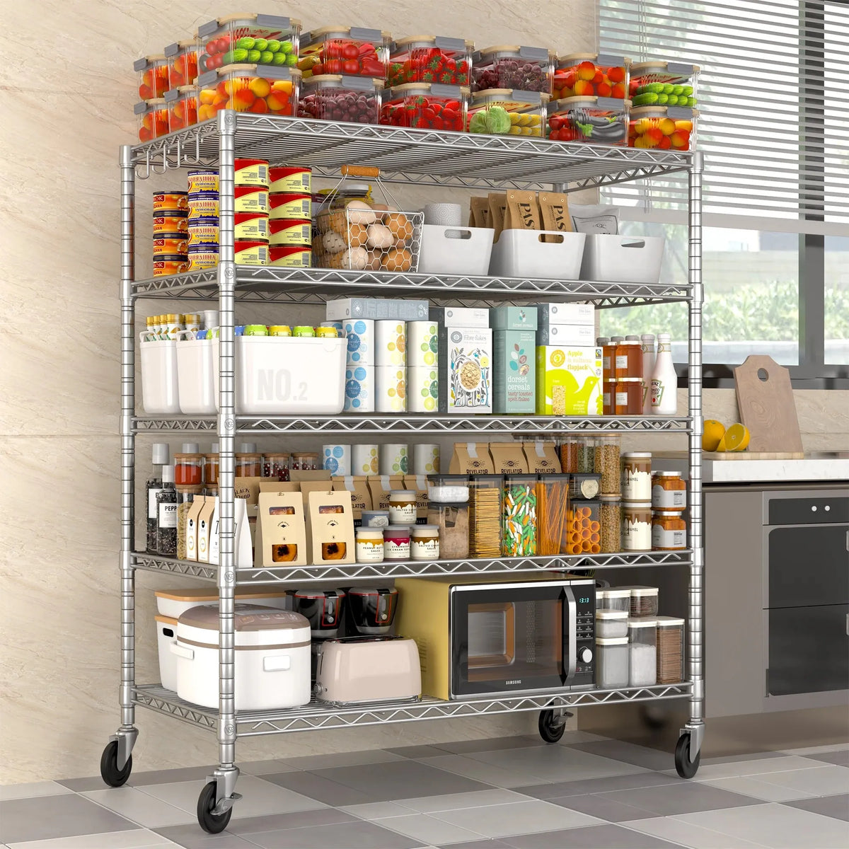 TrumanPick 5-Tier Wire Storage Shelves 81"H x 48"W x 24"D Pantry Organizer Heavy Duty Metal Shelf, Adjustable Wire Rack with Hooks, Garage Shelving Unit for Kitchen, Chrome