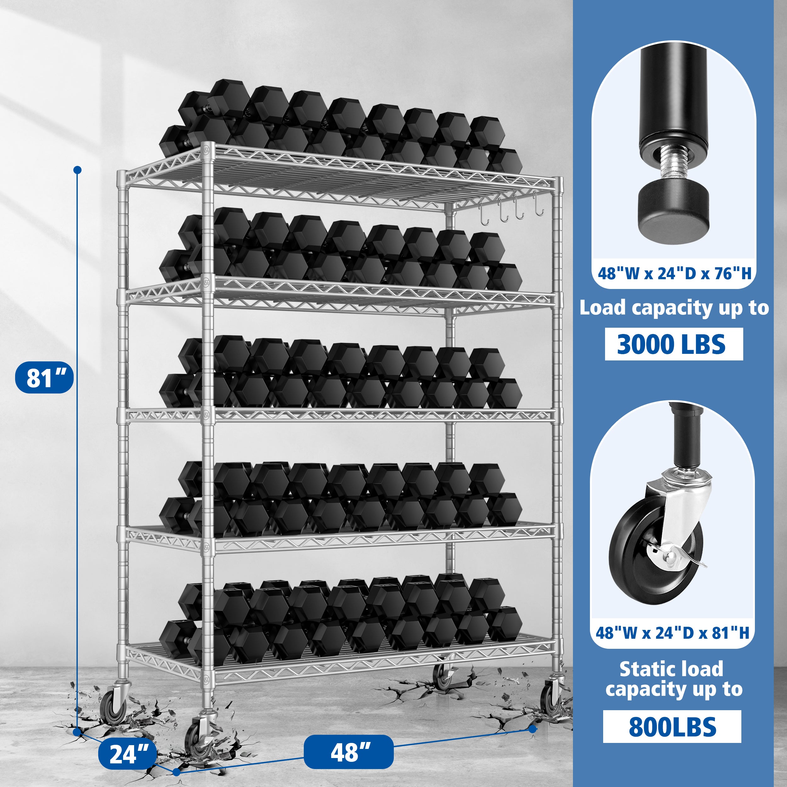 5-Tier Heavy Duty Adjustable Wire Shelves with Wheets, 81"H x 48"W x 24"D, Chrome