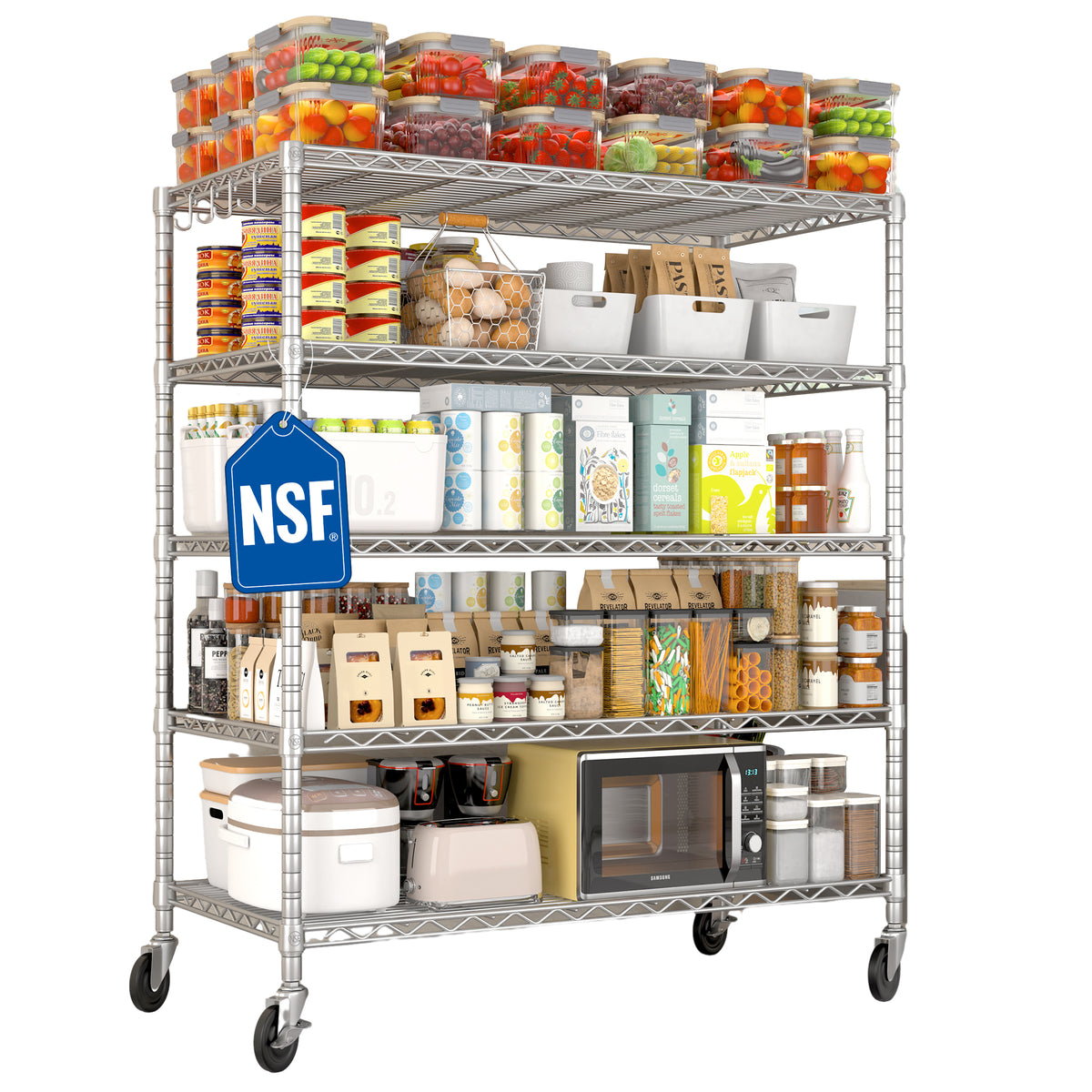 5-Tier Heavy Duty Adjustable Wire Shelves with Wheets, 81"H x 48"W x 24"D, Chrome