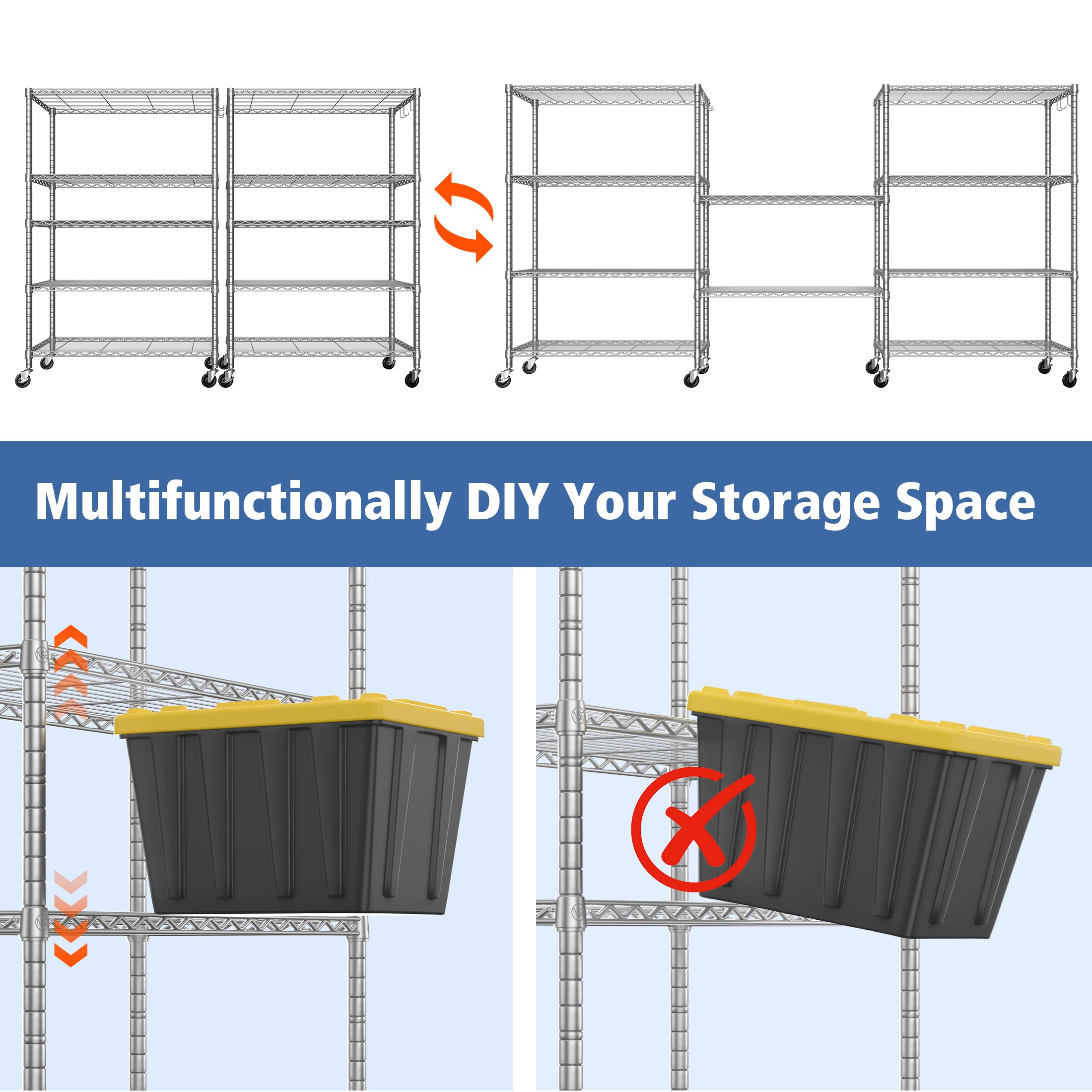 5-Tier Heavy Duty Adjustable Wire Shelves with Wheets, 81"H x 48"W x 24"D, Chrome