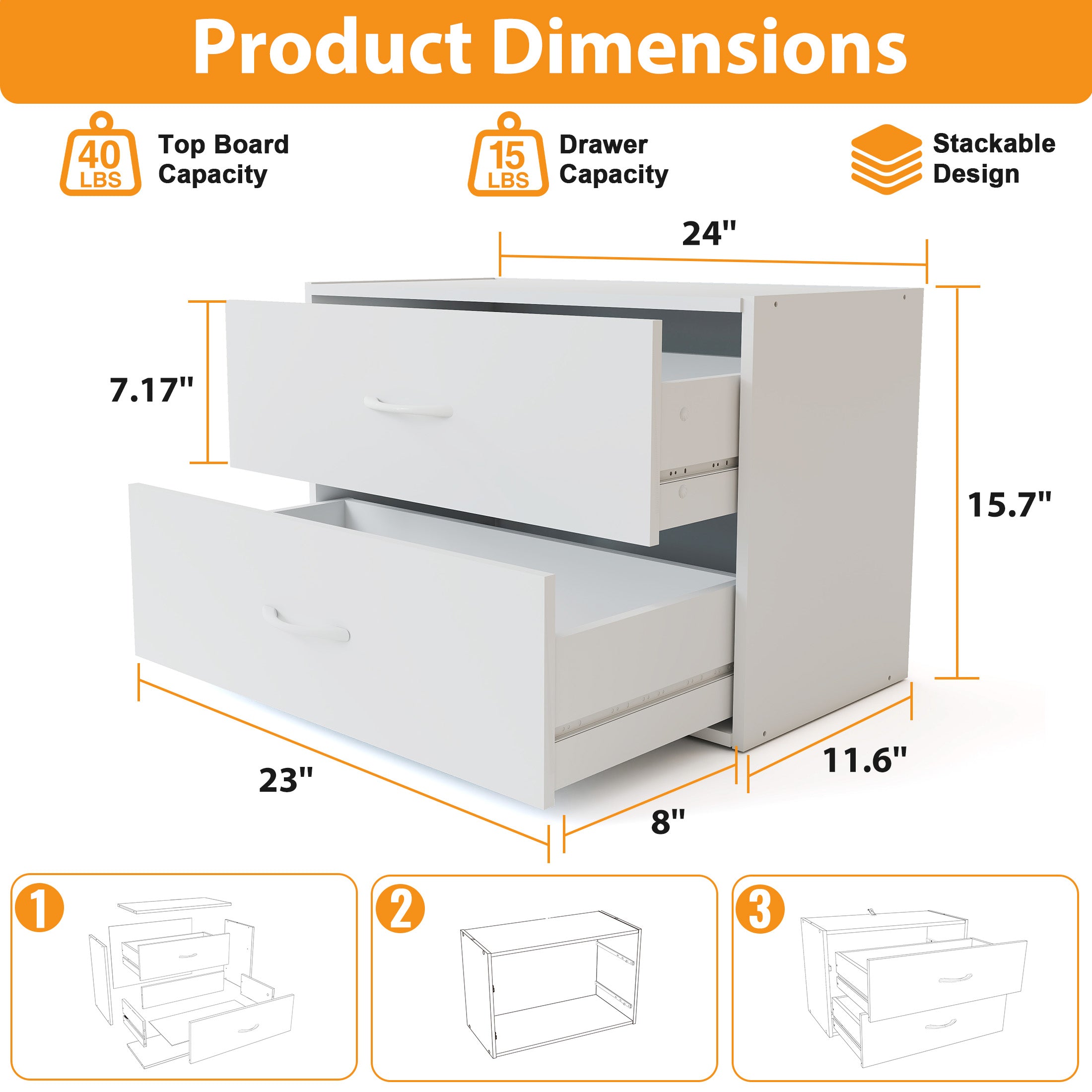 White 2-Drawer Dresser Stackable Storage Cabinet for Closet Storage