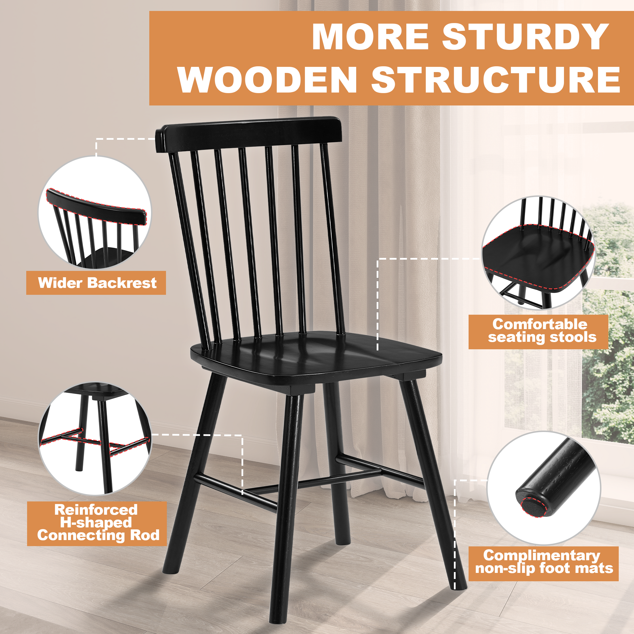 Windsor Dining Chairs Set of 2, Black