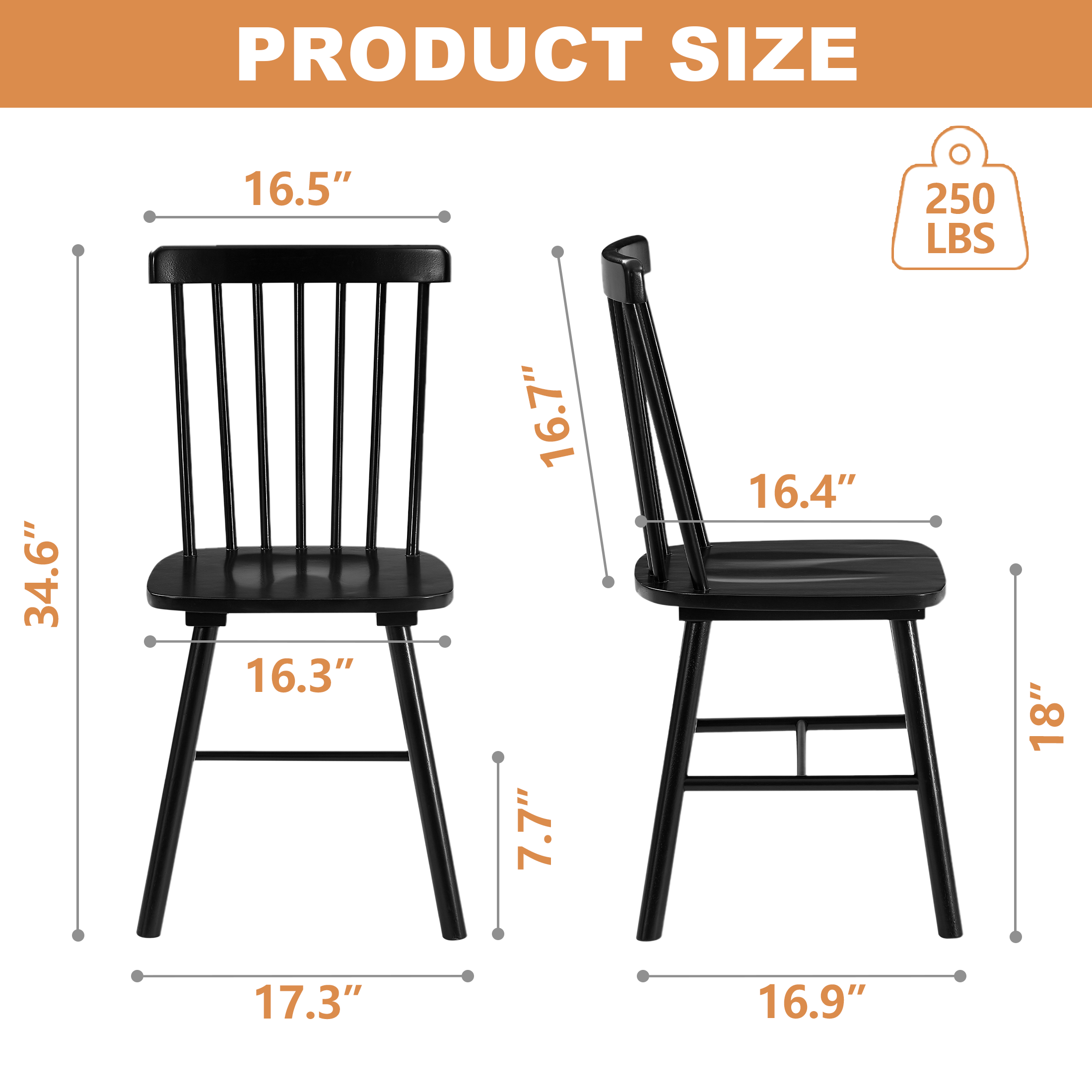 Windsor Dining Chairs Set of 2, Black