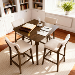 5-Piece Wooden Dining Table Chairs Set, Walnut/Beige