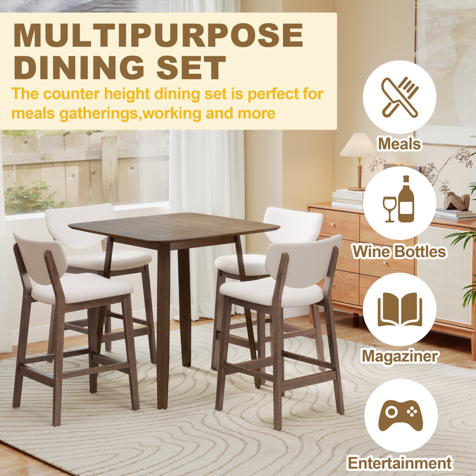 5-Piece Wooden Dining Table Chairs Set, Walnut/Beige