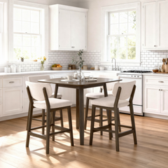 5-Piece Wooden Dining Table Chairs Set, Walnut/Beige