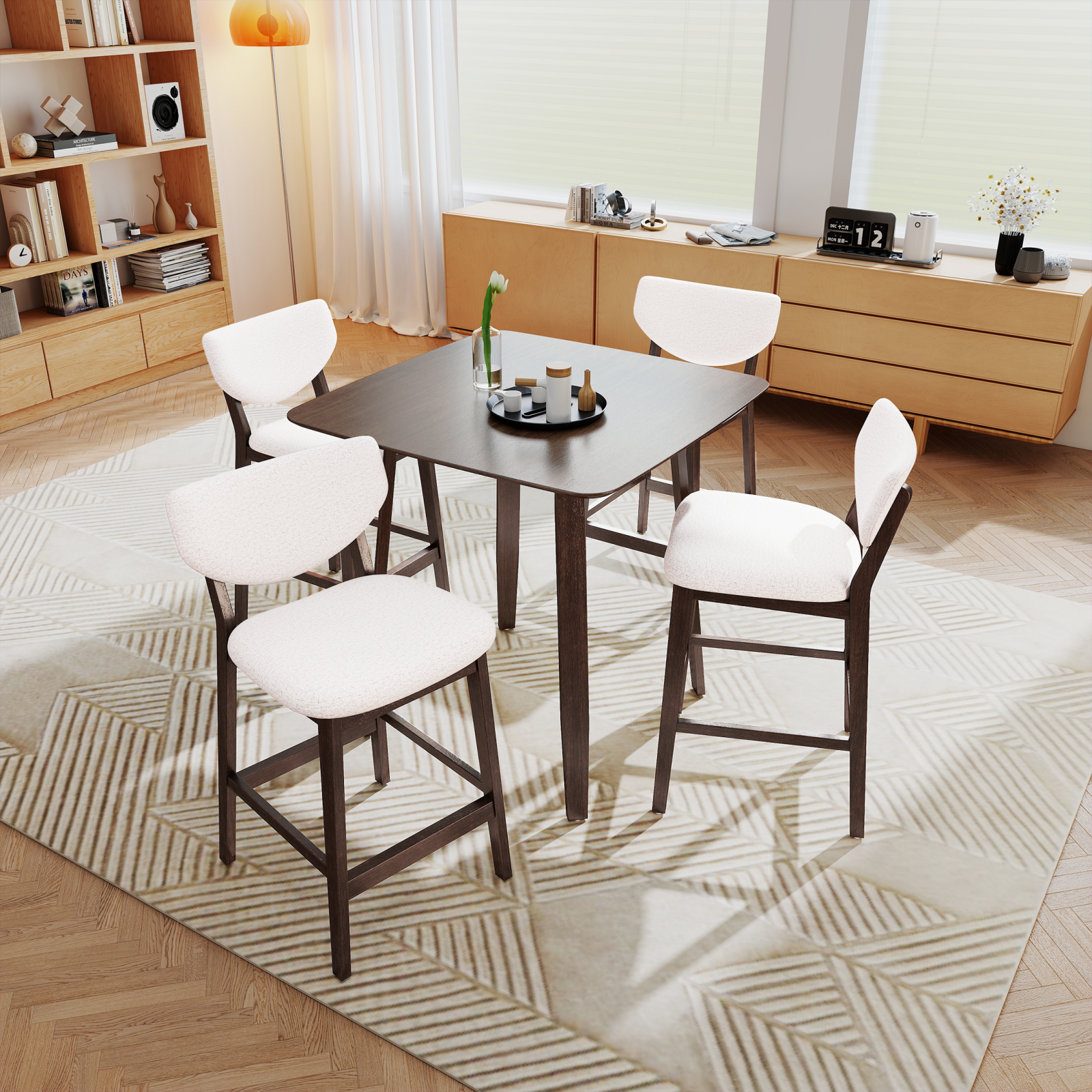 5-Piece Wooden Dining Table Chairs Set, Walnut/Beige