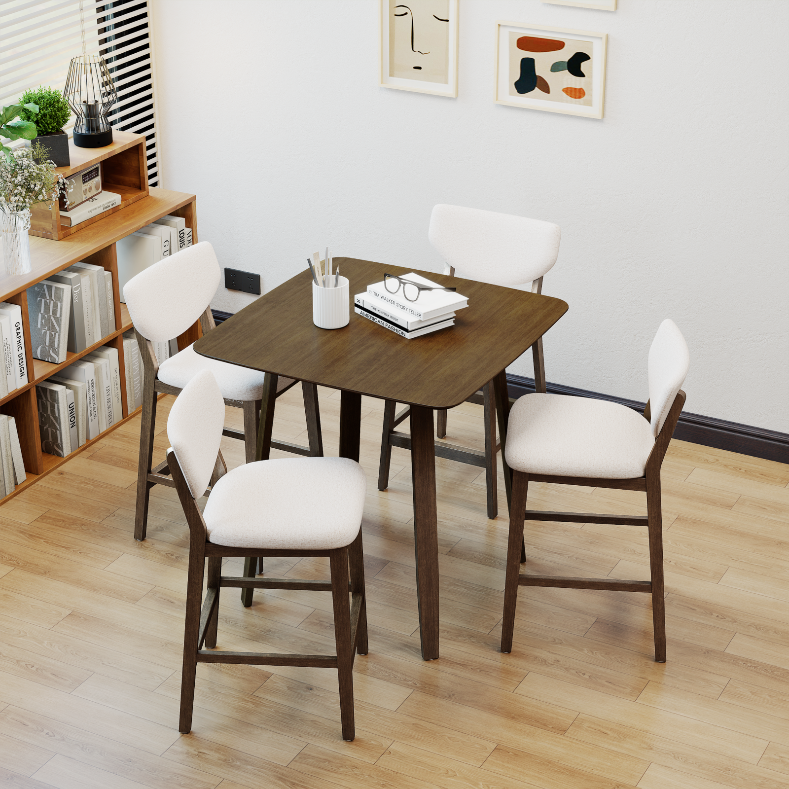5-Piece Wooden Dining Table Chairs Set, Walnut/Beige