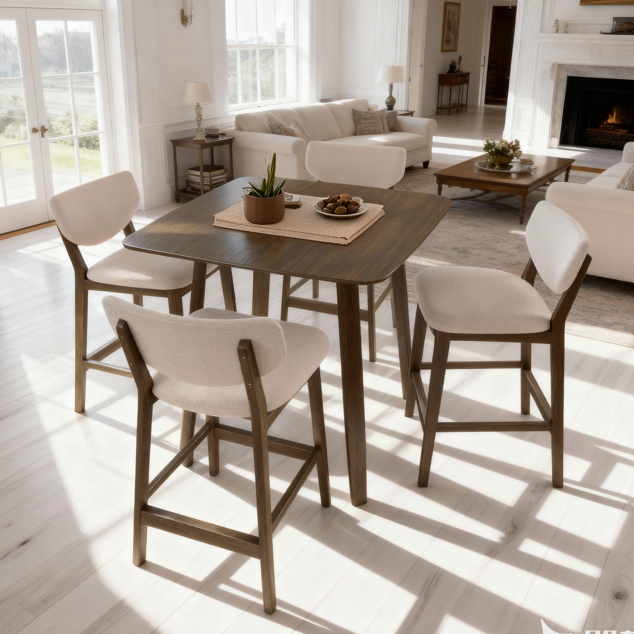 5-Piece Wooden Dining Table Chairs Set, Walnut/Beige