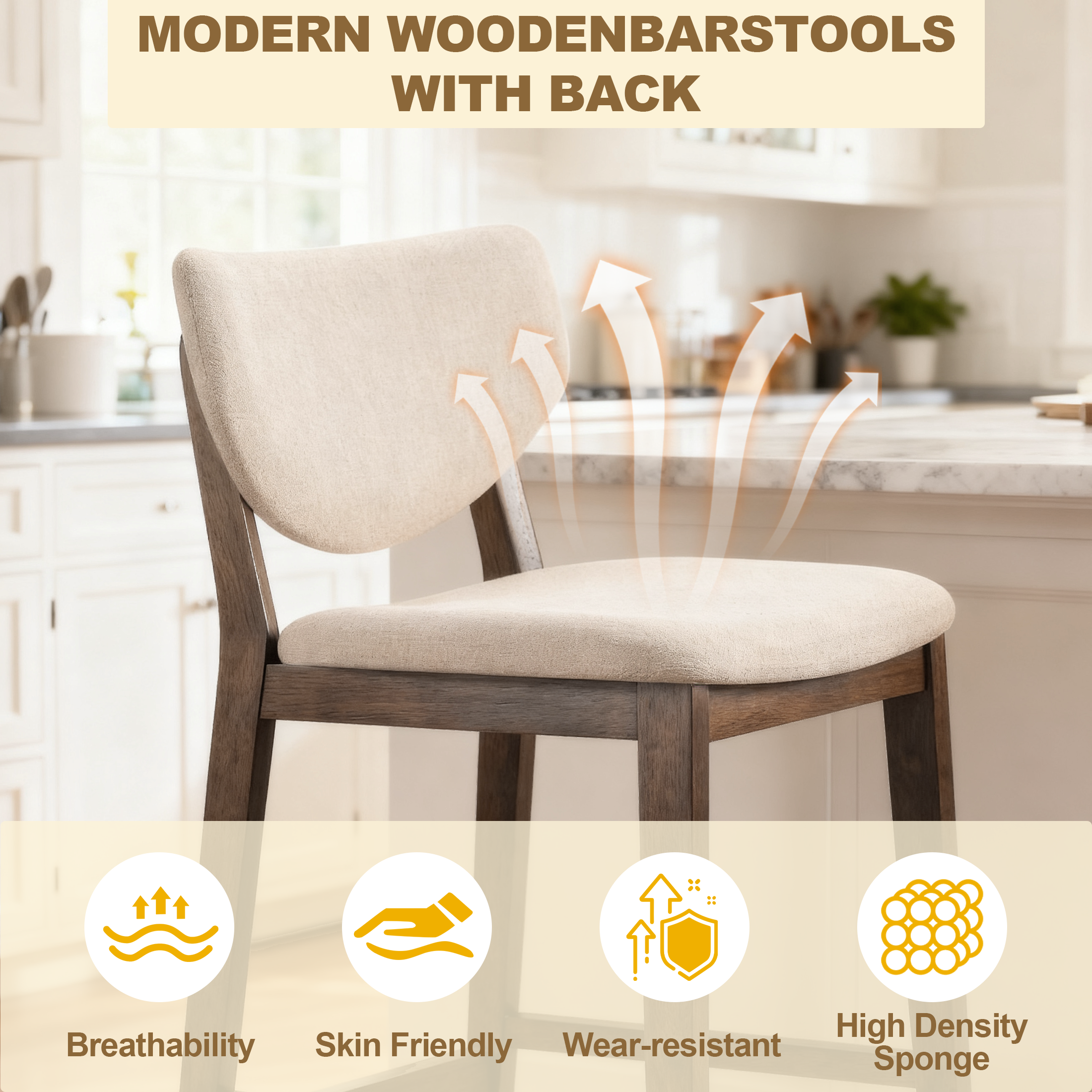 5-Piece Wooden Dining Table Chairs Set, Walnut/Beige