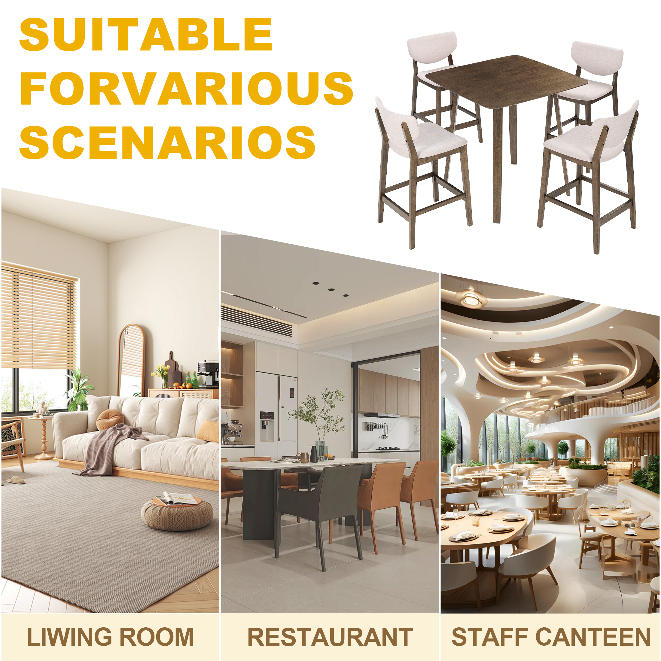 5-Piece Wooden Dining Table Chairs Set, Walnut/Beige