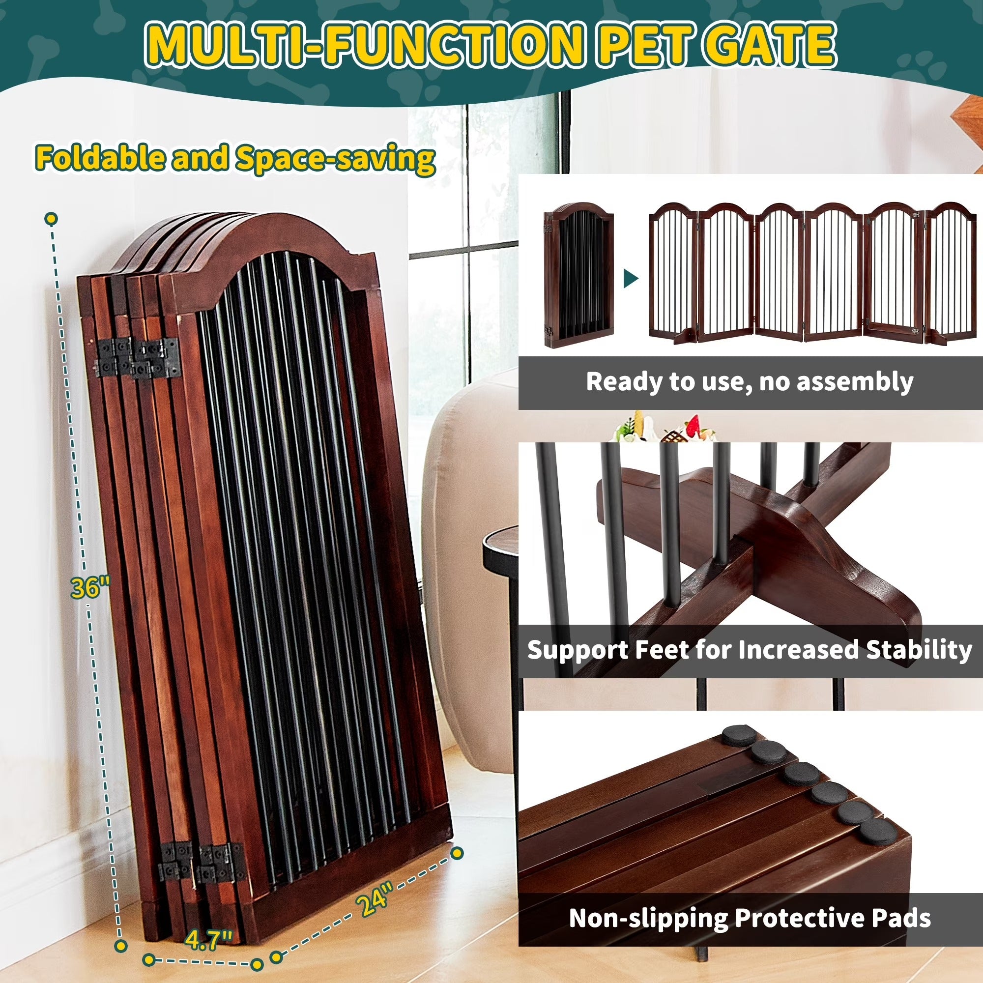 Free Standing Pet Gate with Door 30"H x 96"W