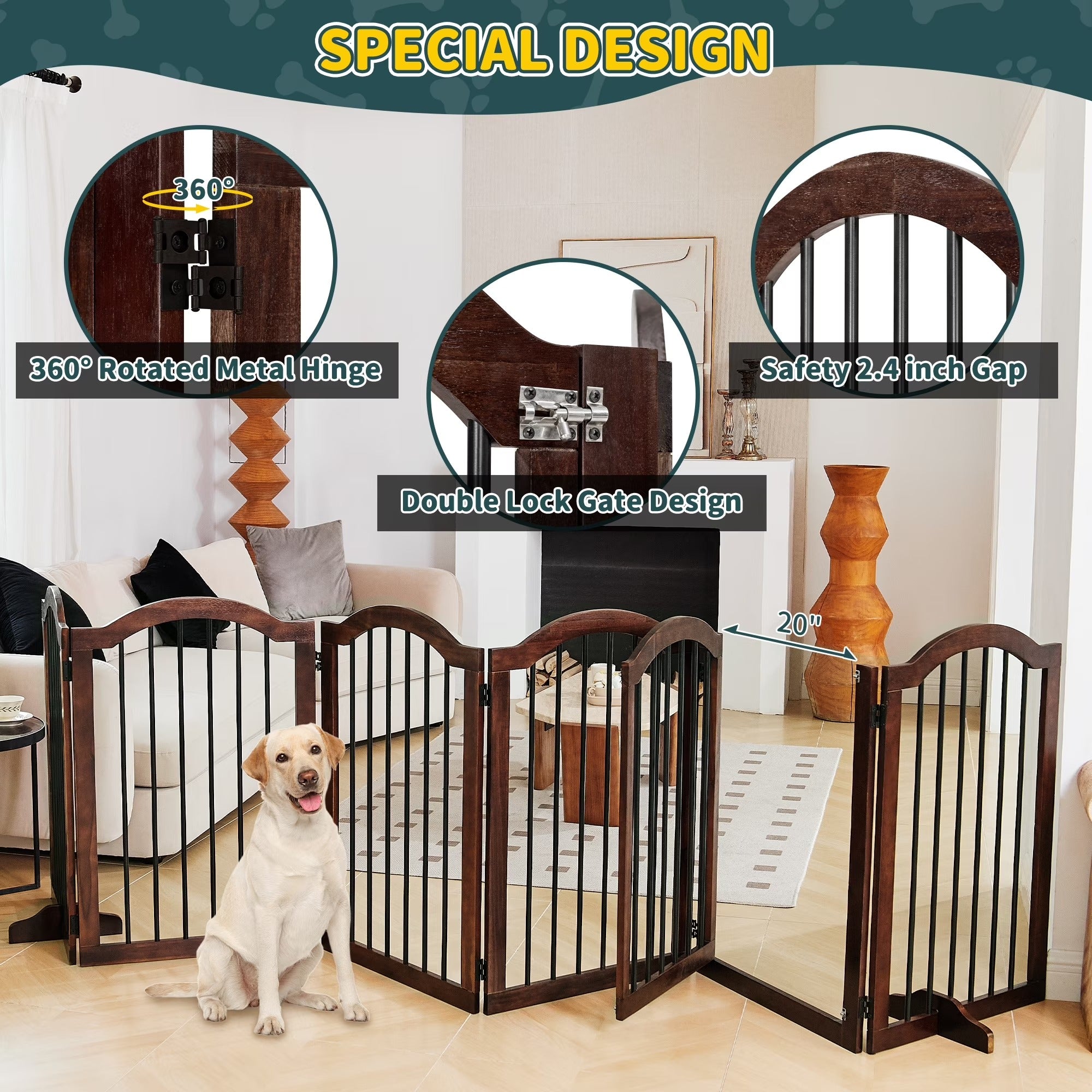 Free Standing Pet Gate with Door 30"H x 96"W