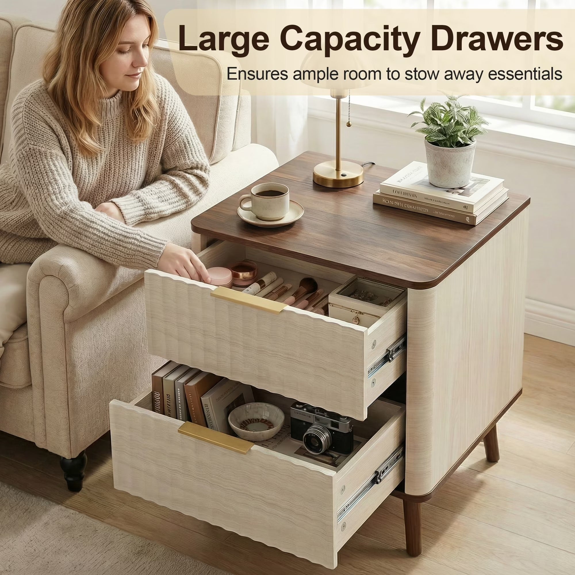 Fluted Nightstand for Bedroom with USB Charging Station