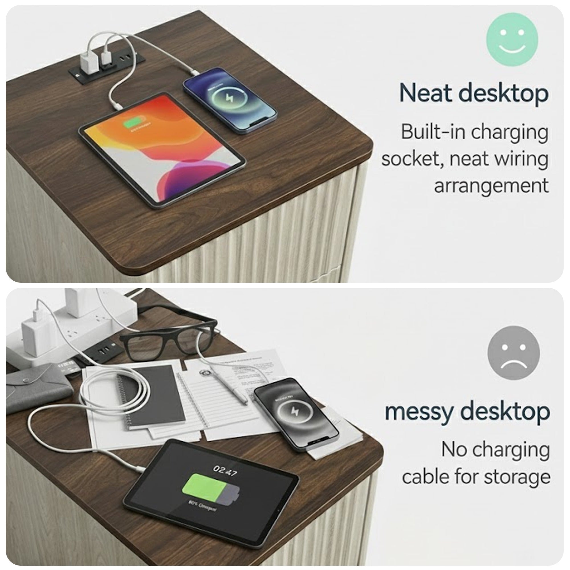 Fluted Nightstand for Bedroom with USB Charging Station