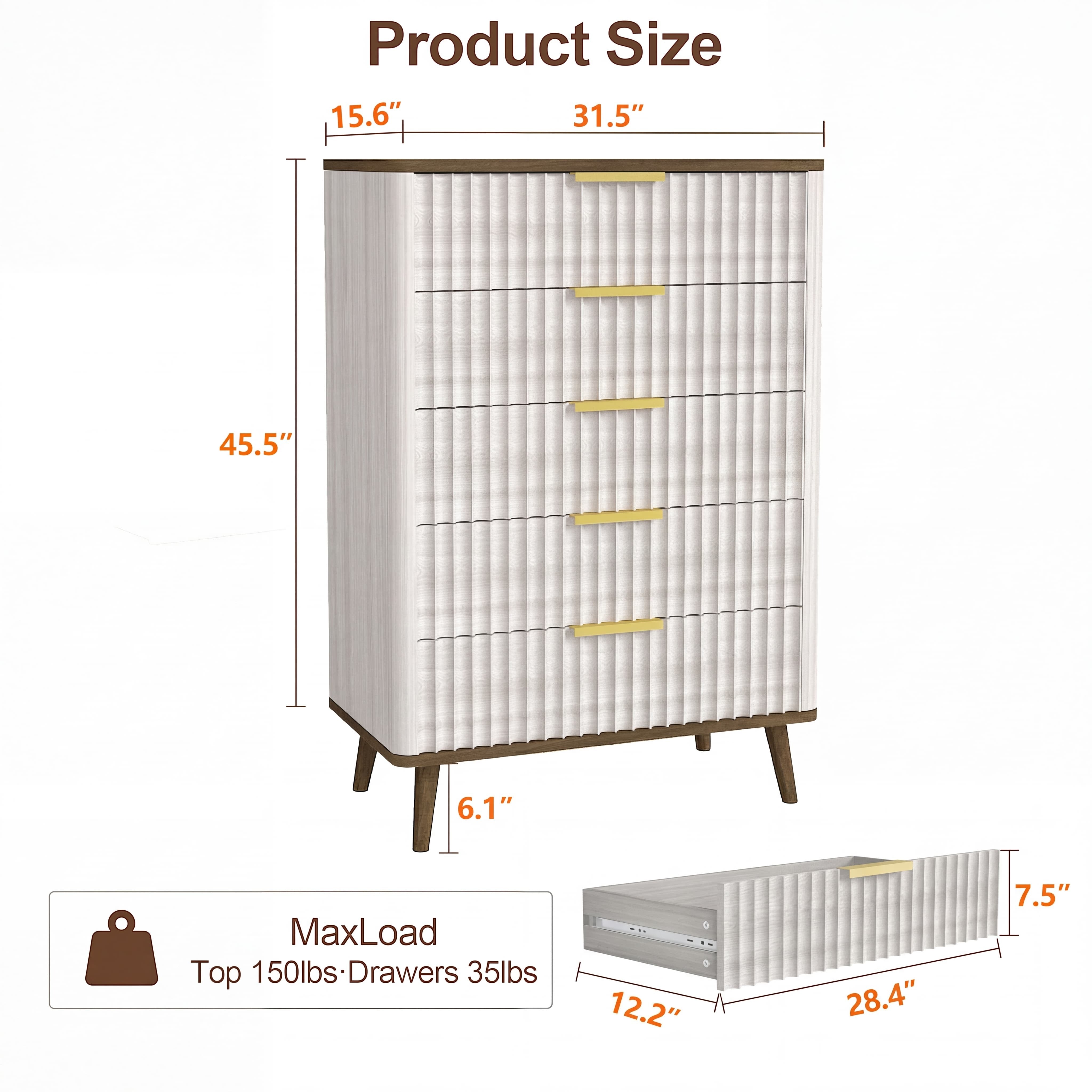 Fluted Dresser for Bedroom with 5 Drawers 45.4"H