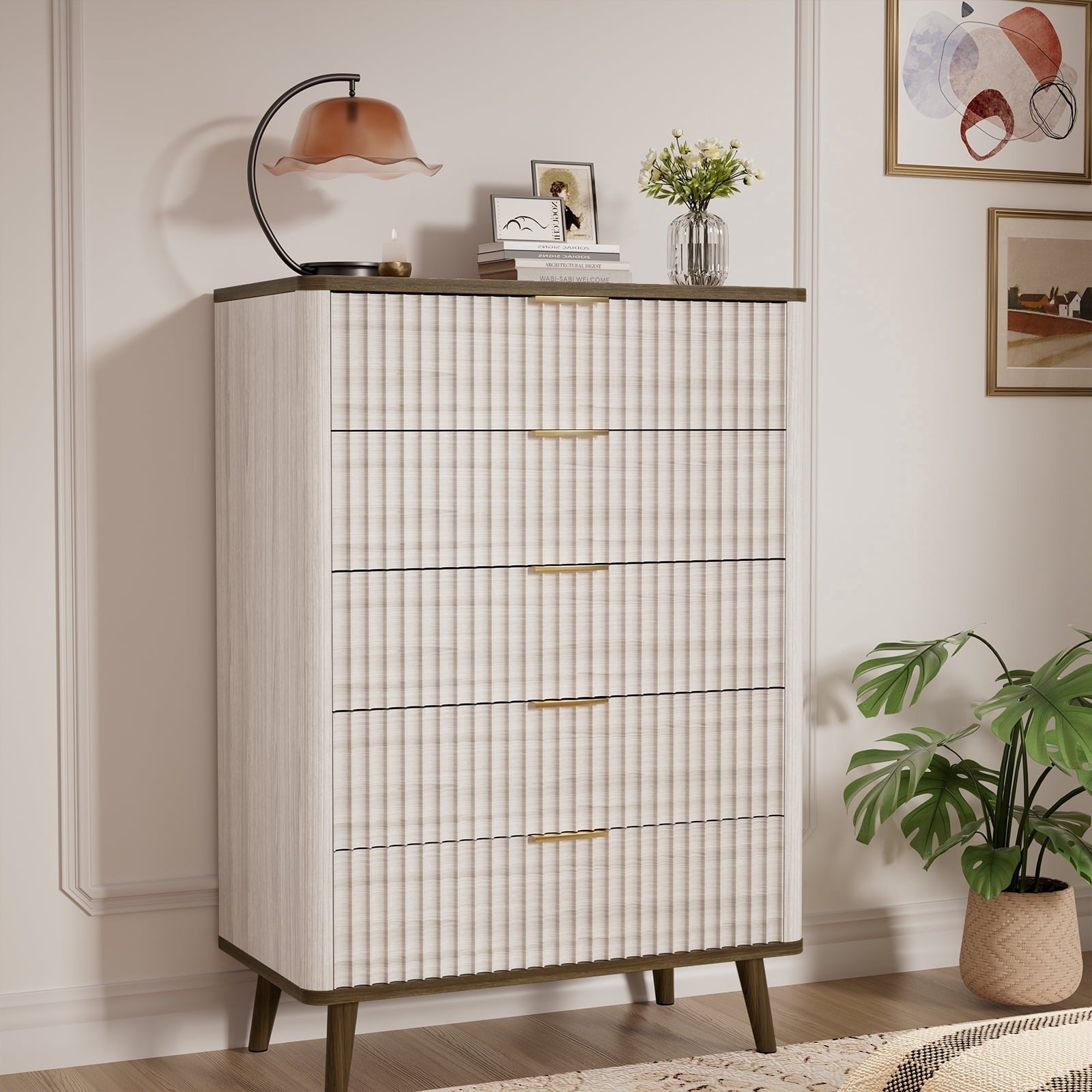 Fluted Dresser for Bedroom with 5 Drawers 45.4"H