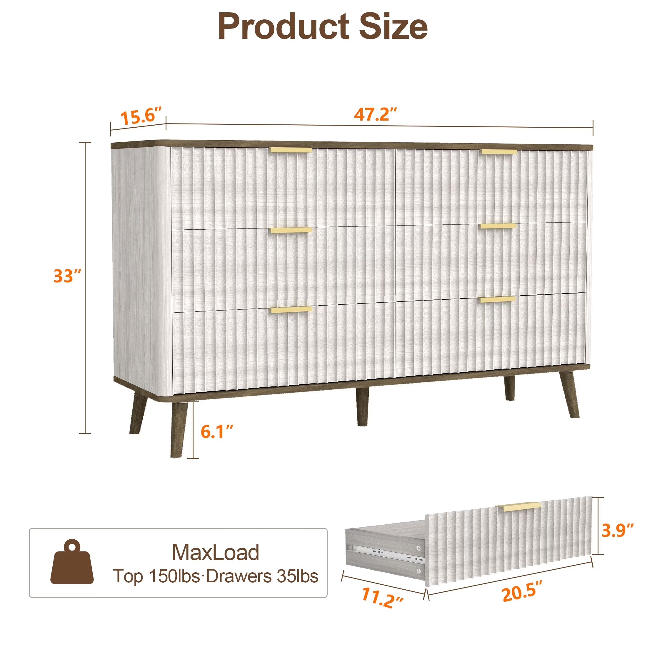 Fluted Dresser for Bedroom with 6 Drawers
