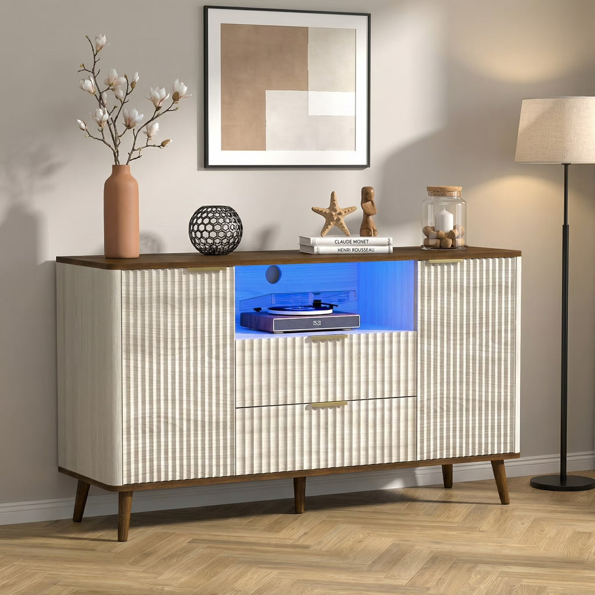 55" Fluted TV Stand for 65" TV Modern Entertainment Center with LED Lights