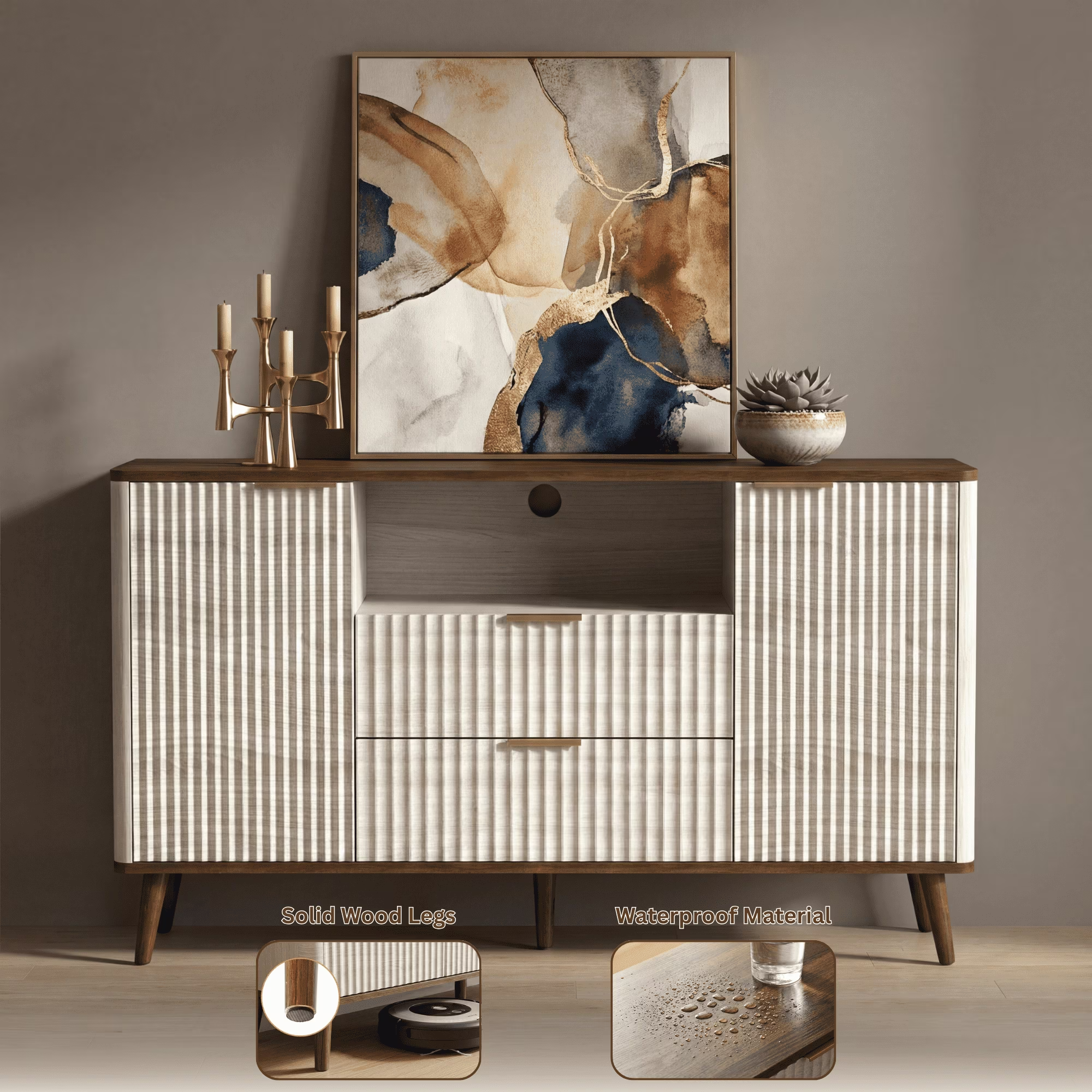 55" Fluted TV Stand for 65" TV Modern Entertainment Center with LED Lights