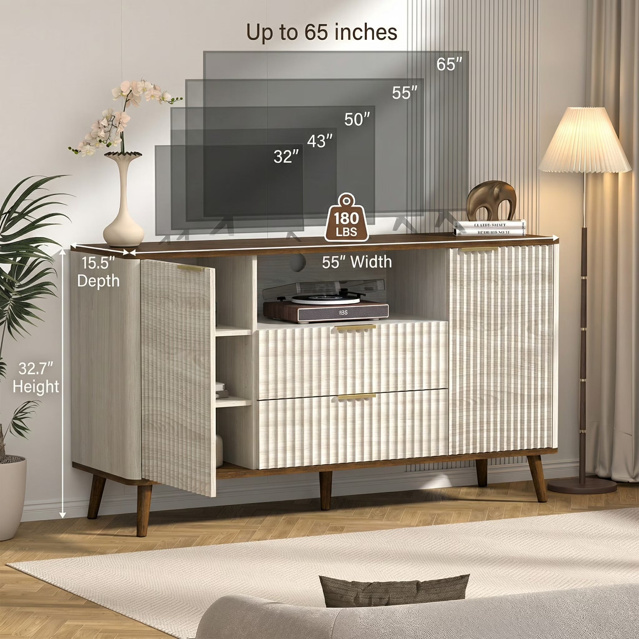 55" Fluted TV Stand for 65" TV Modern Entertainment Center with LED Lights