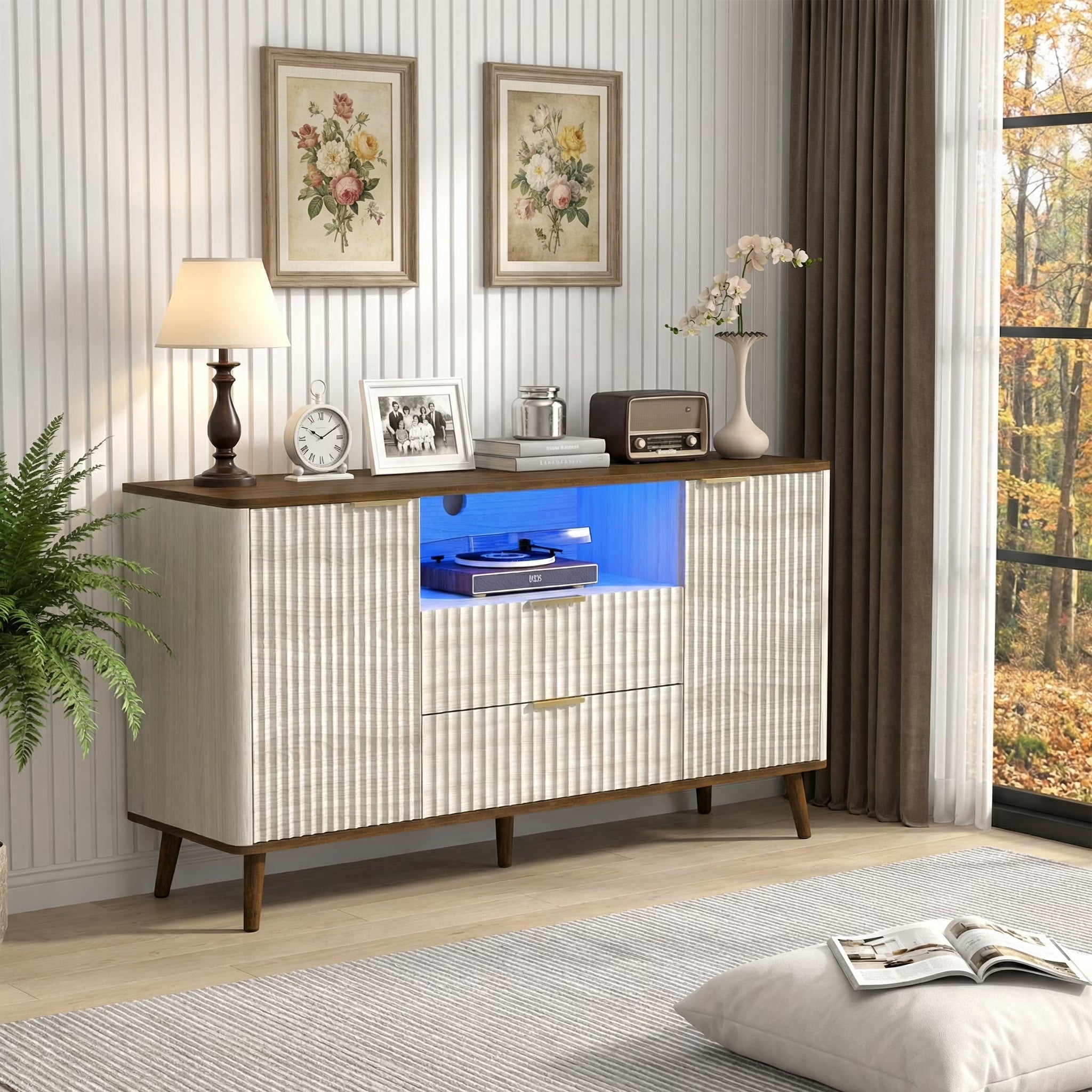 55" Fluted TV Stand for 65" TV Modern Entertainment Center with LED Lights