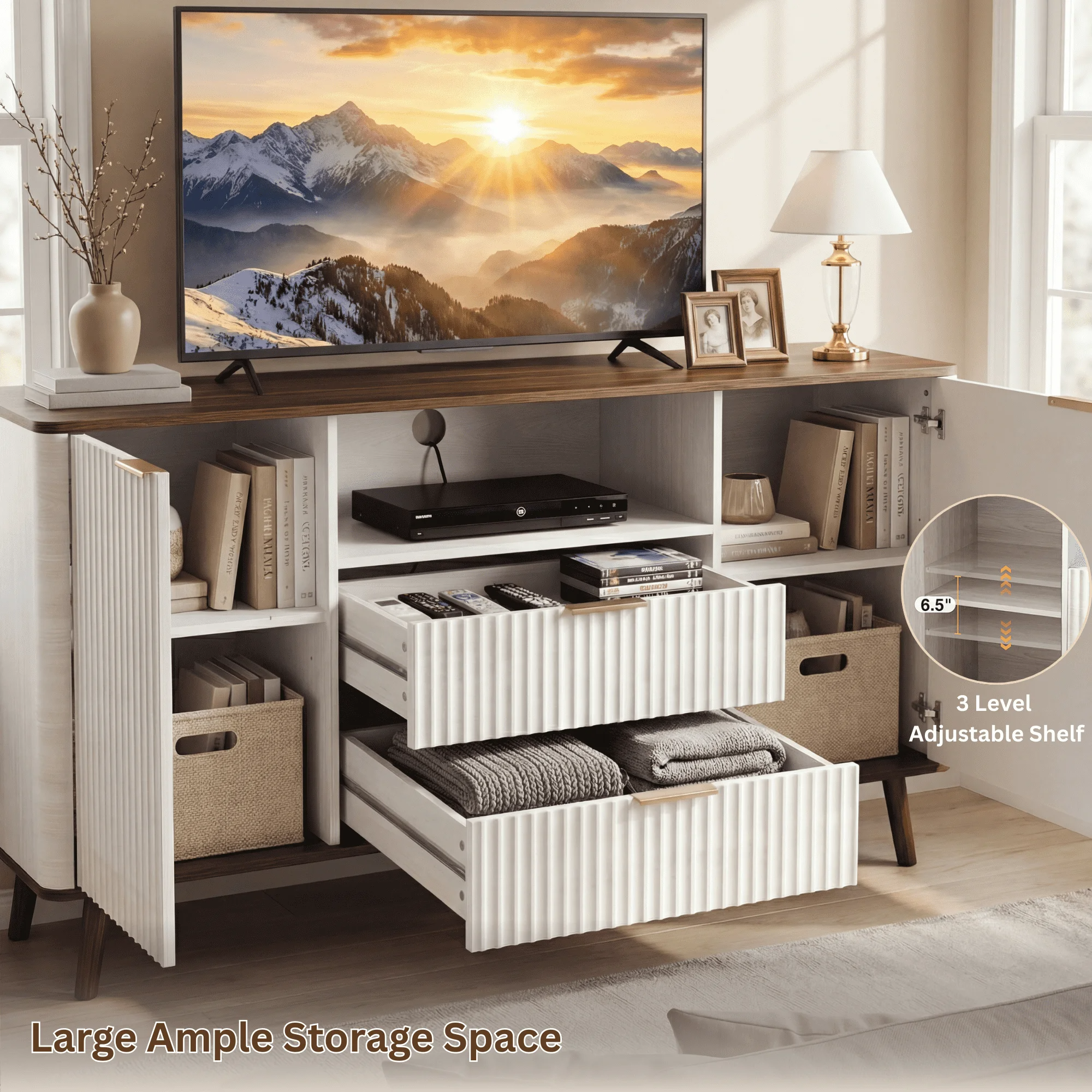 55" Fluted TV Stand for 65" TV Modern Entertainment Center with LED Lights