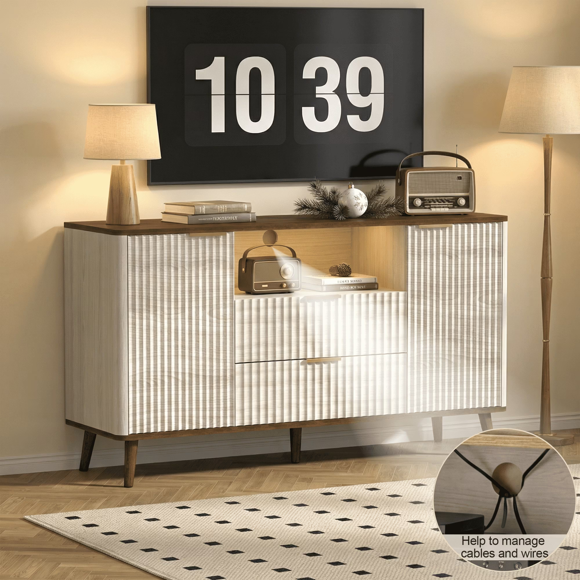 55" Fluted TV Stand for 65" TV Modern Entertainment Center with LED Lights