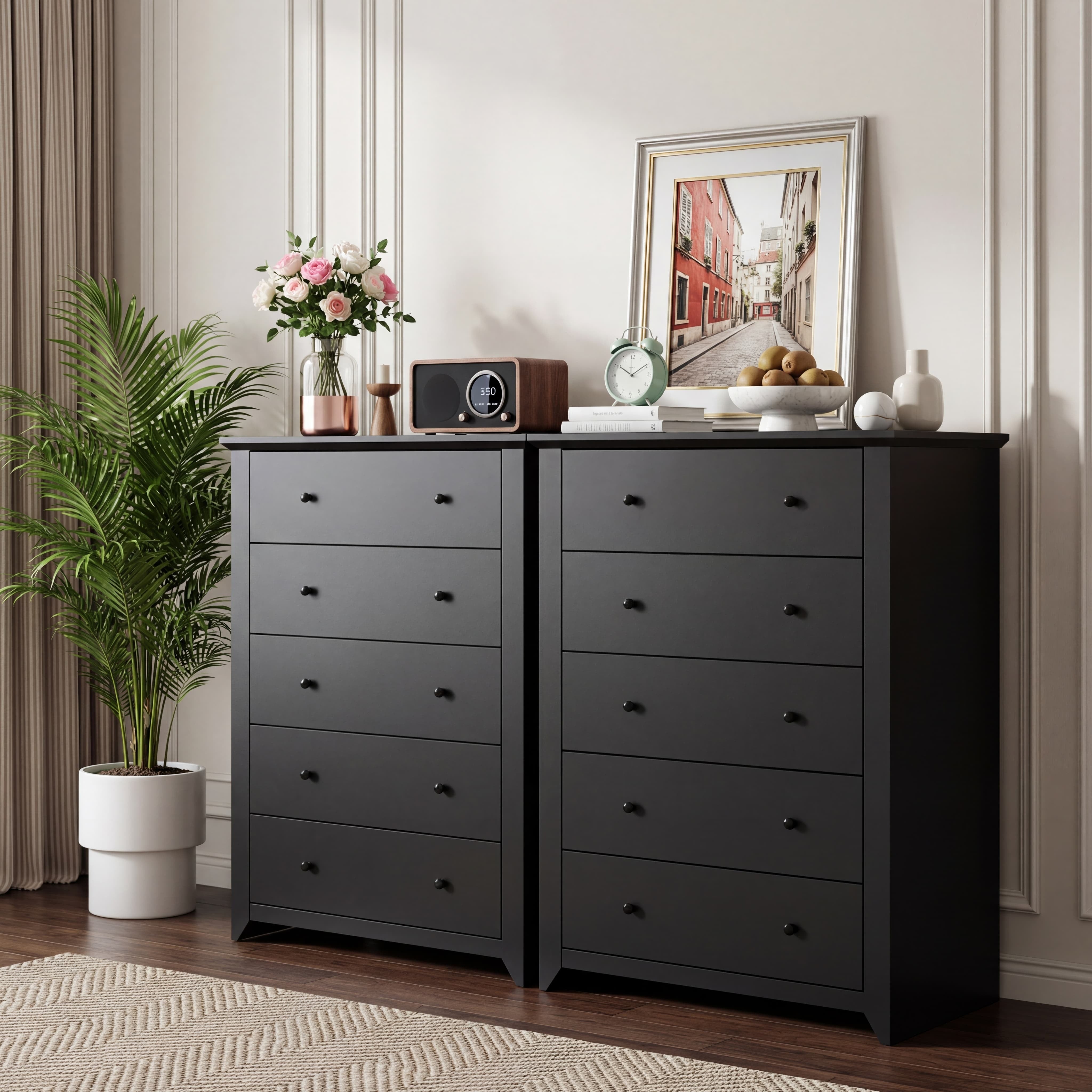 Black Dresser for Bedroom with 5 Drawers 47" Tall Chest of Drawers