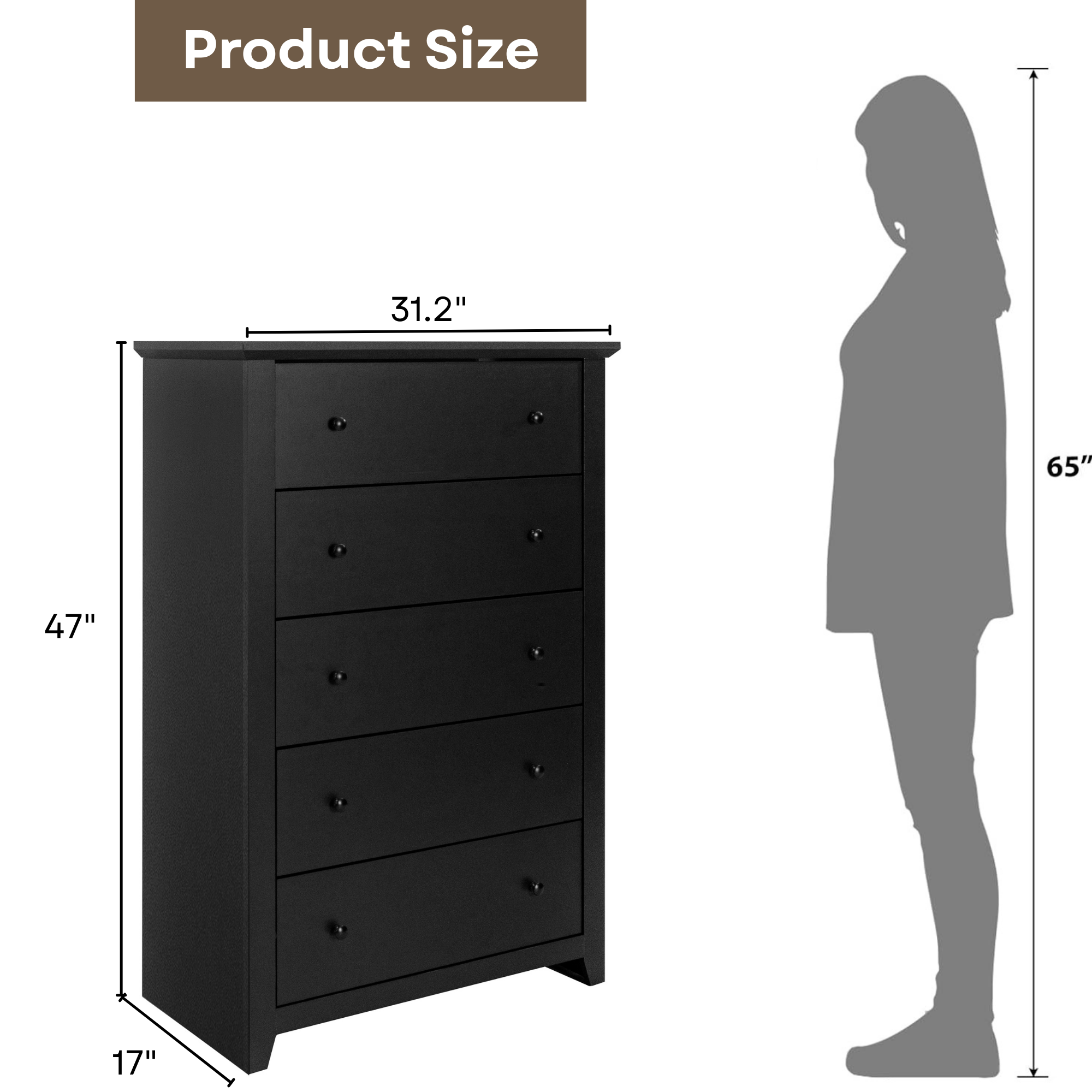 Black Dresser for Bedroom with 5 Drawers 47" Tall Chest of Drawers