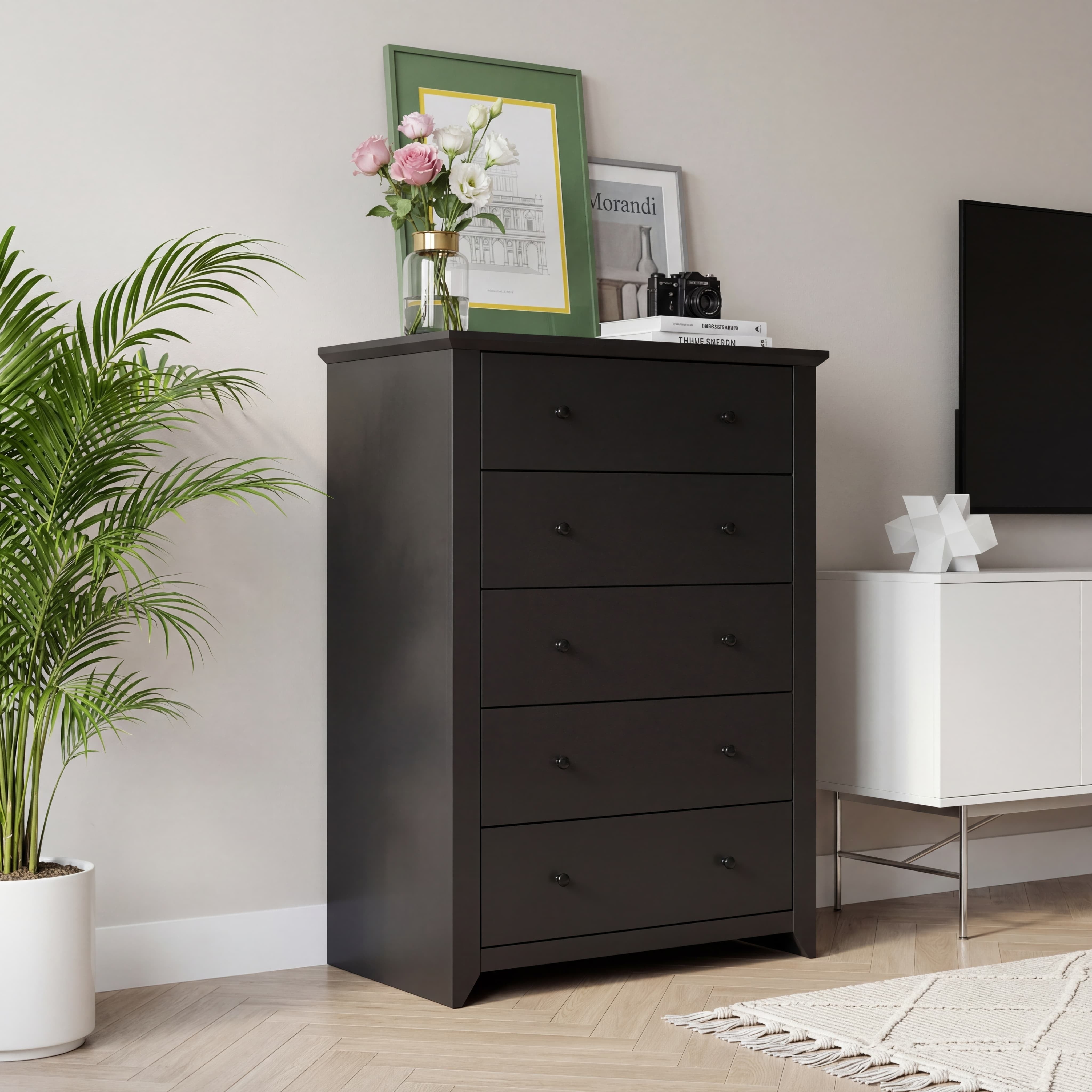 Black Dresser for Bedroom with 5 Drawers 47" Tall Chest of Drawers